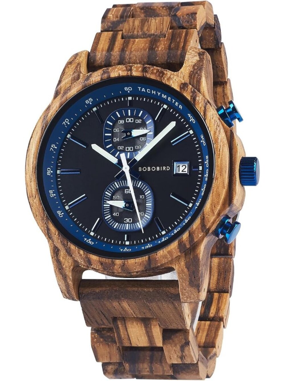 Men's Blue Analog Quartz Ultra-Light Luminous Chronograph Casual Wooden Watch